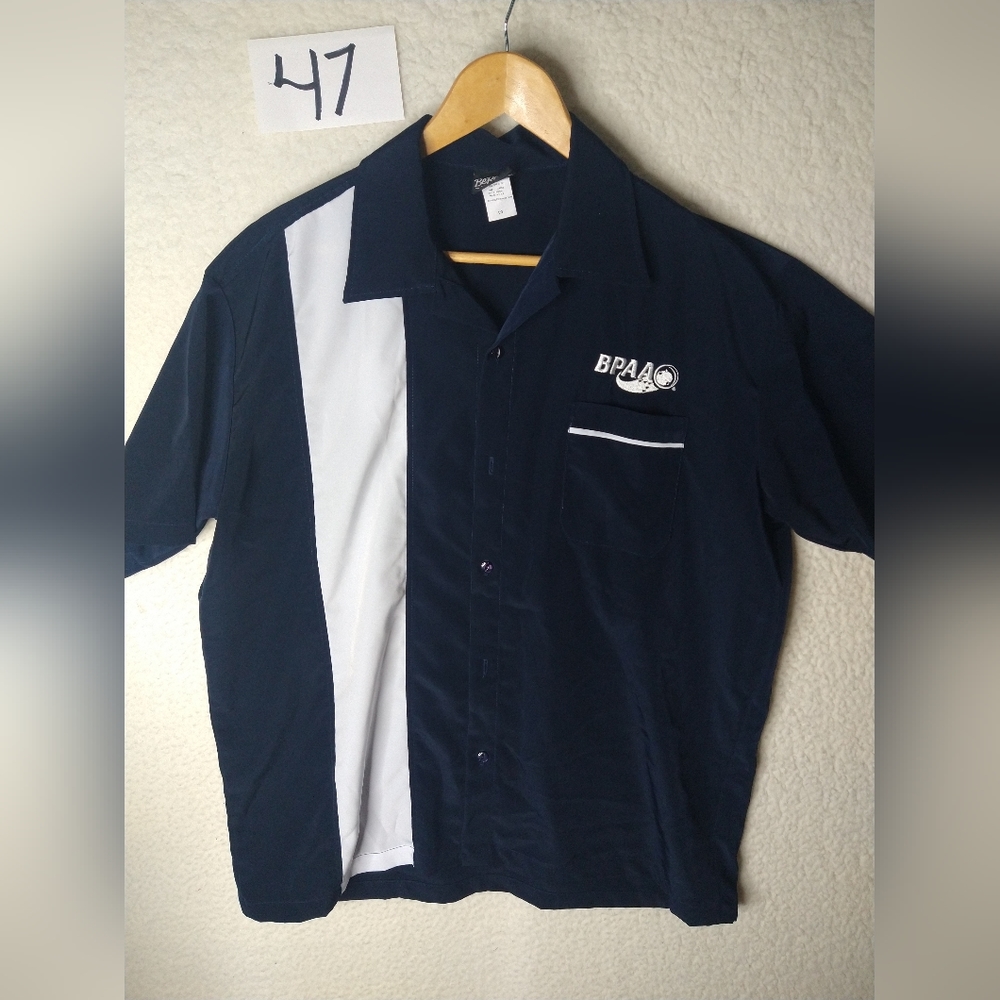 Be Retro Clothing Made Is USA Blue White Bowling Shirt Size Large Embroidered